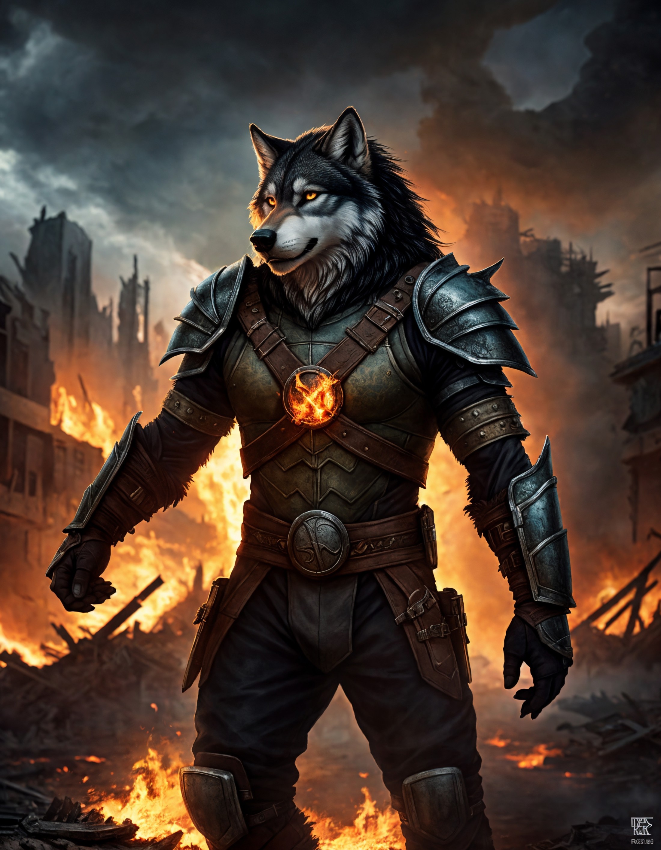 ((detailed fenris wolf )), wearing runes armor, ragnark, destroyed city after nuclear blast flodded with ((black water:1.2...